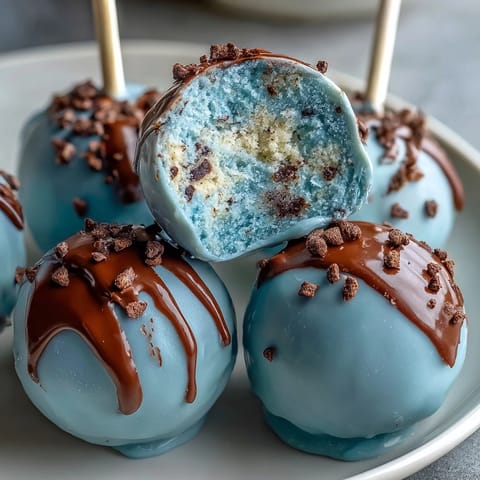 2. Bite-sized vanilla cake pops dipped in robins egg blue chocolate, decorated with cocoa speckles for a charming springtime treat.
