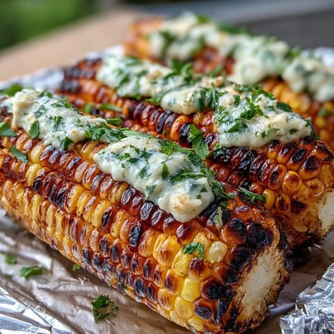 Grilled BBQ corn in foil with herb butter, sweet and smoky, ready to serve at summer cookouts.