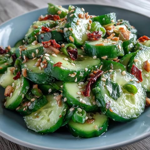 Crunchy smashed cucumbers tossed in tangy rice vinegar dressing and drizzled with sizzling garlic chili oil, a cool side dish.
