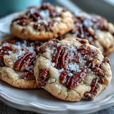 A batch of golden brown butter pecan cookies, each topped with a sprinkle of flaky sea salt for the perfect sweet-savory balance.