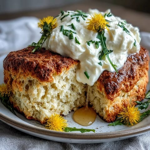 1. Spring brunch dandelion honey scones with clotted cream, golden and tender, topped with fresh petals and a honey drizzle.