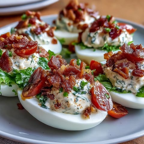 Creamy deviled eggs with smoky bacon crumbles, juicy tomatoes, and shredded lettuce, perfect for parties or brunch.  