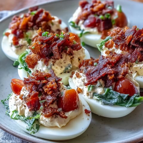 Deviled eggs filled with creamy yolk mixture and topped with crispy bacon crumbles and fresh lettuce for a BLT-inspired appetizer.  