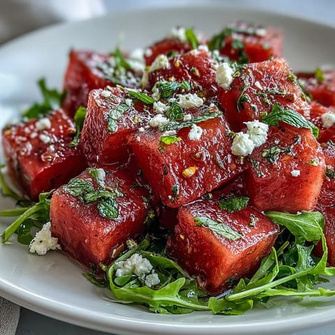 Vibrant watermelon and arugula salad with juicy fruit, peppery greens, creamy feta, and fresh mint, drizzled with zesty lime vinaigrette.