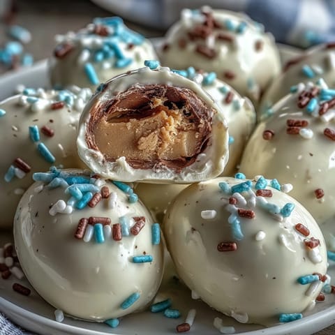 White Chocolate Peanut Butter Easter Eggs with Sprinkles: creamy peanut butter eggs coated in smooth white chocolate and topped with festive sprinkles for a colorful holiday treat.