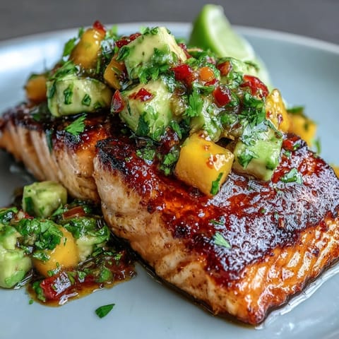 Baked salmon with mango avocado salsa, golden and flaky, topped with vibrant tropical fruit salsa.