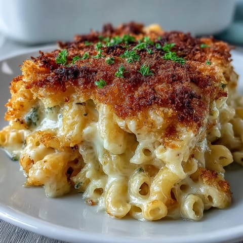 Creamy Mac and Cheese Bake with golden panko topping and bubbling cheddar sauce in a baking dish.