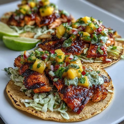 Grilled salmon tacos with mango salsa feature flaky fish and a colorful fruit topping for a fresh, zesty meal.