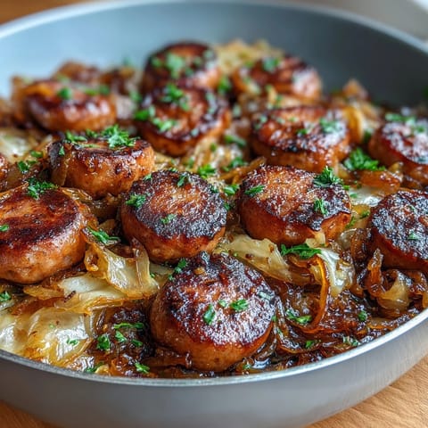 Rustic cabbage and sausage skillet featuring browned sausage, sautéed cabbage, and whole grain mustard for bold flavor.