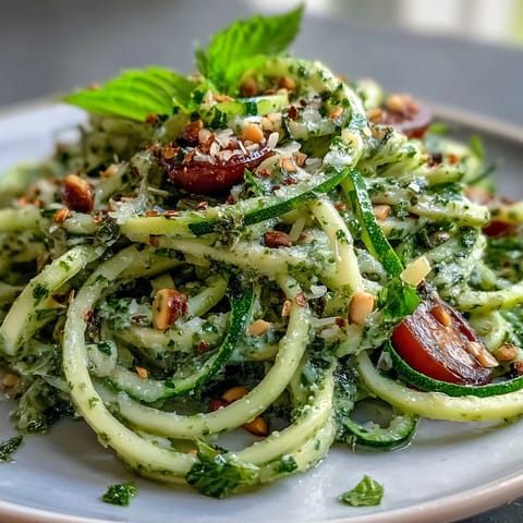 Fresh zucchini noodles tossed with vibrant basil pesto and juicy cherry tomatoes, creating a light and refreshing vegetarian meal.  