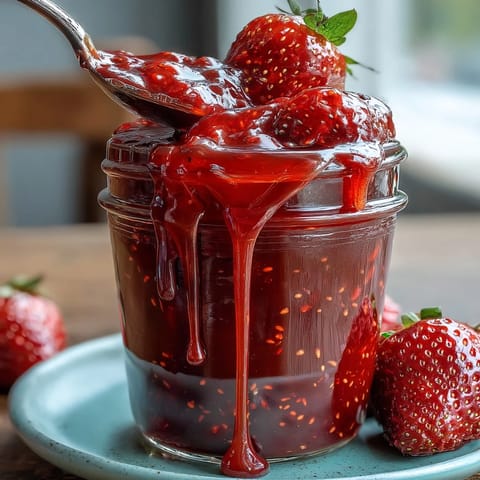 A jar of cottagecore strawberry jam, glistening with ruby-red fruit and sweet aroma, perfect for rustic breakfast spreads.  