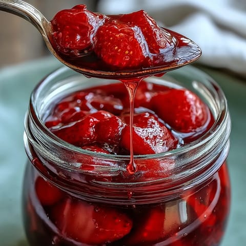 Homemade strawberry jam with visible fruit pieces, capturing spring's sweetness in every spoonful for a cozy morning treat.  