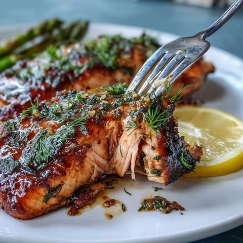 One Pan Lemon Herb Salmon with asparagus, roasted to perfection and garnished with fresh dill and lemon slices for a bright, healthy meal.