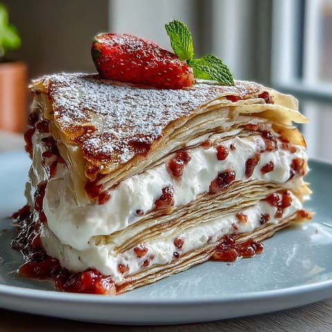 Mother's Day Crêpe Cake showcases delicate, stacked crepes with sweet strawberry mascarpone.