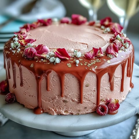Elegant bridal shower rosé velvet cake with gold drip, showcasing soft pink layers and shimmering edible gold accents.  