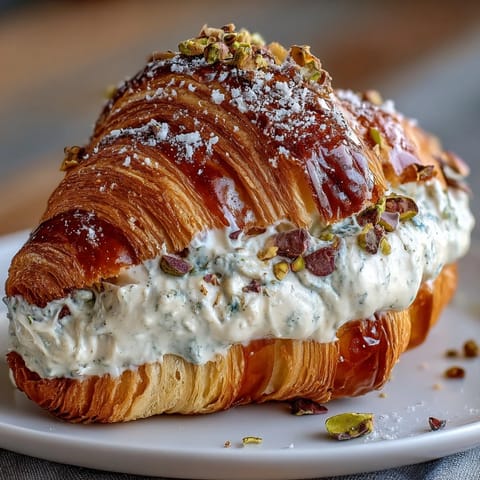 Flaky croissant filled with rich, sweet pistachio cream and topped with chopped pistachios, perfect for brunch or a gourmet snack.