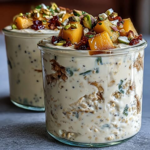 Vibrant mango-infused overnight oats layered with yogurt, chia seeds, and tropical fruit for a refreshing breakfast treat.