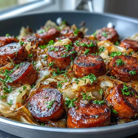 Hearty cabbage and sausage skillet with smoky sausage, tender cabbage, and tangy mustard in one pan.