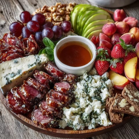 Appetizer featuring summer fruit, cheese, meats, and sweet honey.