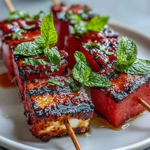 Juicy grilled halloumi and watermelon skewers with vibrant mint, perfect appetizer.