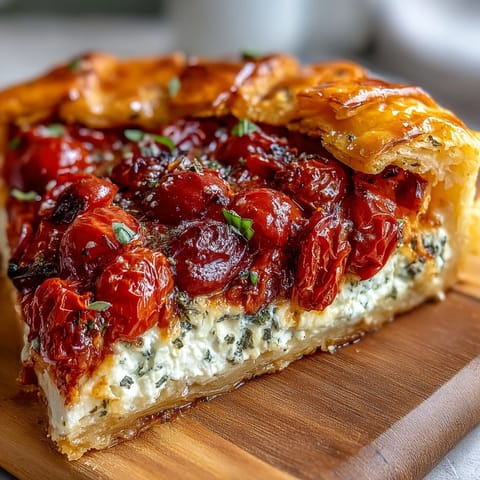 Rustic Roasted Cherry Tomato Feta Galette with golden crust, perfect appetizer.