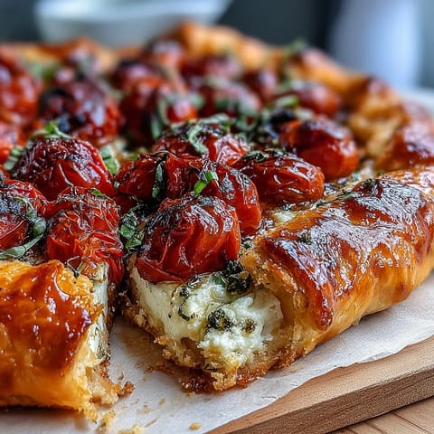 Savory tart bursting with sweet tomatoes and creamy feta, baked golden brown.