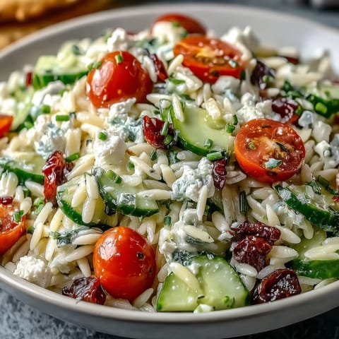 Vibrant Summer Orzo Salad with Feta and Lemon brightened with fresh vegetables.