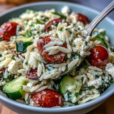 Refreshing Summer Orzo Salad featuring crumbled feta and zesty lemon dressing served chilled.