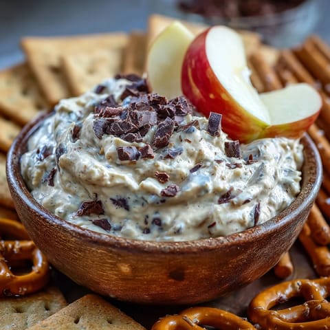 Creamy Fiber-Packed Chickpea Cookie Dough Dip, studded with rich chocolate chips.