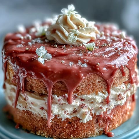 Moist Rosé Velvet Cake featuring creamy frosting and glistening gold edible art.
