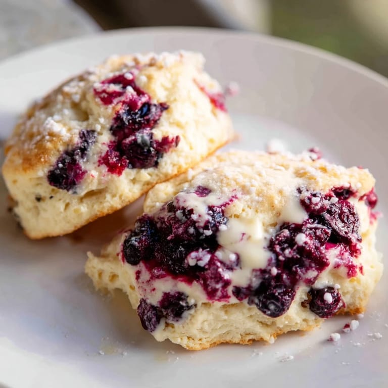 A close-up of warm, buttery Rustic Birch-Warm Blueberry Scones studded with plump, juicy blueberries, ready to eat.