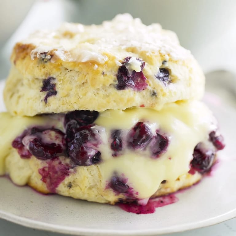Perfectly baked, rustic-style Birch-Warm Blueberry Scones, showing off their golden-brown color and sweet blueberry filling.