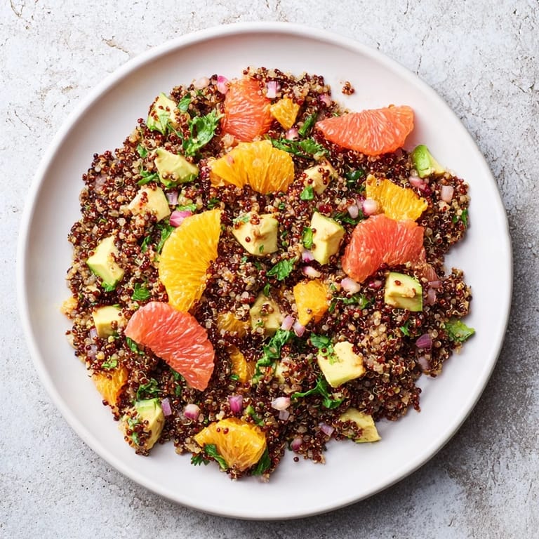 A colorful close-up of a Fresh Citrus & Avocado Quinoa Bowl, perfect for a light vegetarian meal.