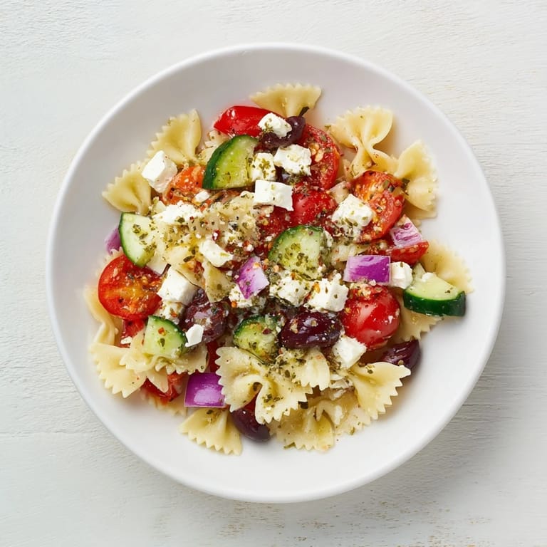 A close-up shot of the Mediterranean Olive Oil and Feta Pasta Salad, ready to be enjoyed on a warm day.
