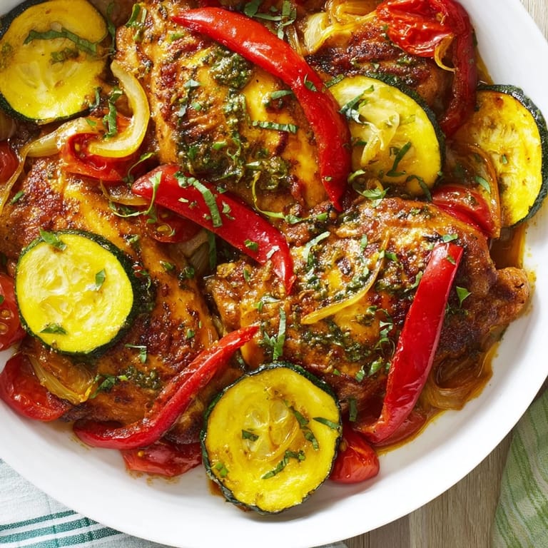 Golden-brown Basil-Soft Chicken and Veggie Sheet Pan Dinner, a healthy one-pan meal, ready in under an hour.