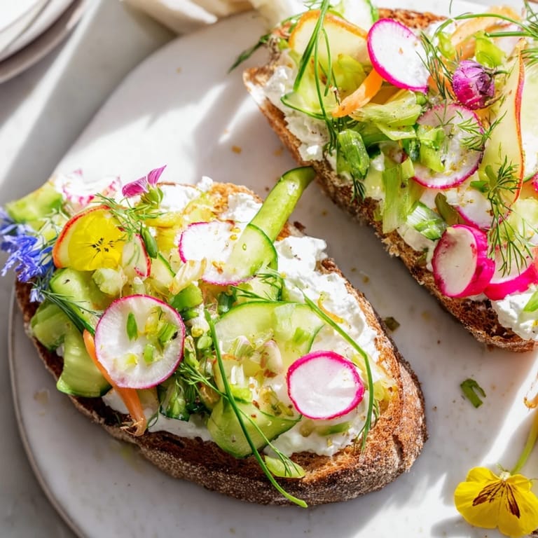 Close-up of Fresh Meadow-Inspired Garden Vegetable Tartines, featuring soft herbed cheese and toasted bread.