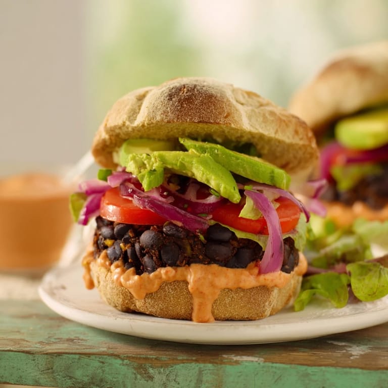 Golden-brown Zesty Weeknight Black Bean Burgers ready to be devoured, served with vibrant toppings—a delicious vegetarian meal option.