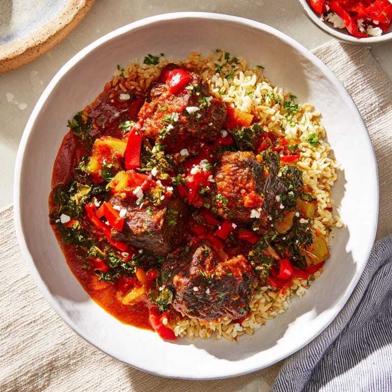 This image shows a steaming bowl of Smoky Mediterranean Lamb and Orzo Supper, garnished with fresh herbs and feta.
