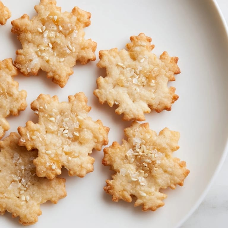Beautiful snowflake cutout gourmet crackers, with flaky sea salt and herbs, ready to serve with cheese.