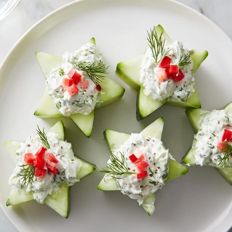 Close-up of freshly made Cucumber and Dill Christmas Stars, garnished with red pepper and dill sprigs.