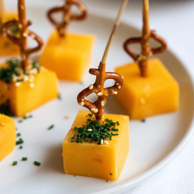 Easy-to-make NYE cheese: bite-sized cheddar cubes on pretzels, perfect party snack option.