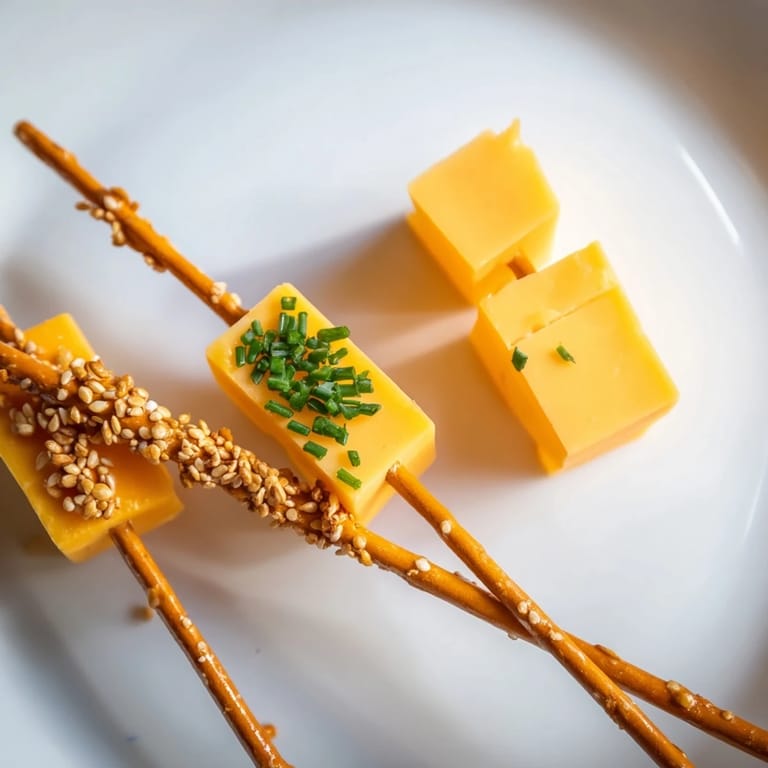 Crispy pretzel sticks hold savory cheddar cheese cubes, making delightful NYE cheese appetizers.