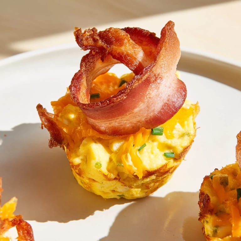 Fluffy Scrambled Egg Cups topped with crispy bacon strips, ready to enjoy with a side of fruit.