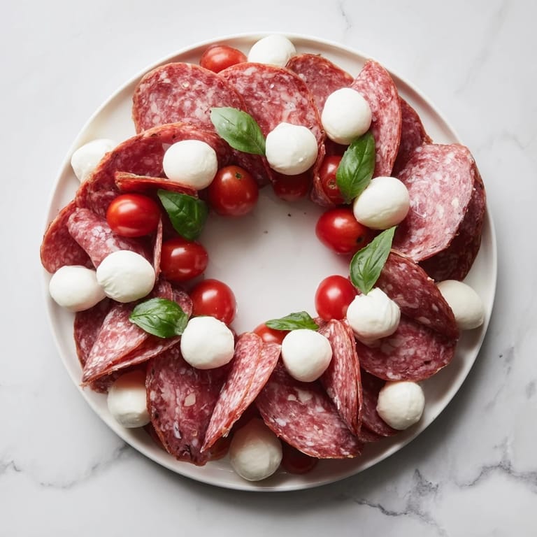 A beautiful close-up of a folded salami wreath glistening with juicy cherry tomatoes.
