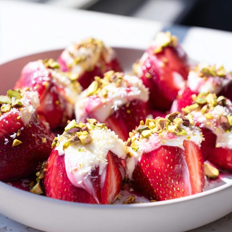 Fresh Yogurt Dipped Strawberry halves arranged on a baking sheet, ready to freeze for a refreshing treat.