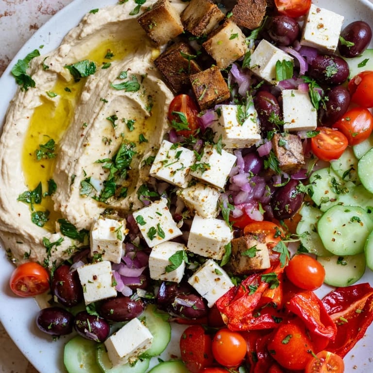 Vibrant Mediterranean Mezza Platter featuring a variety of dips, olives, and pita bread for easy snacking.