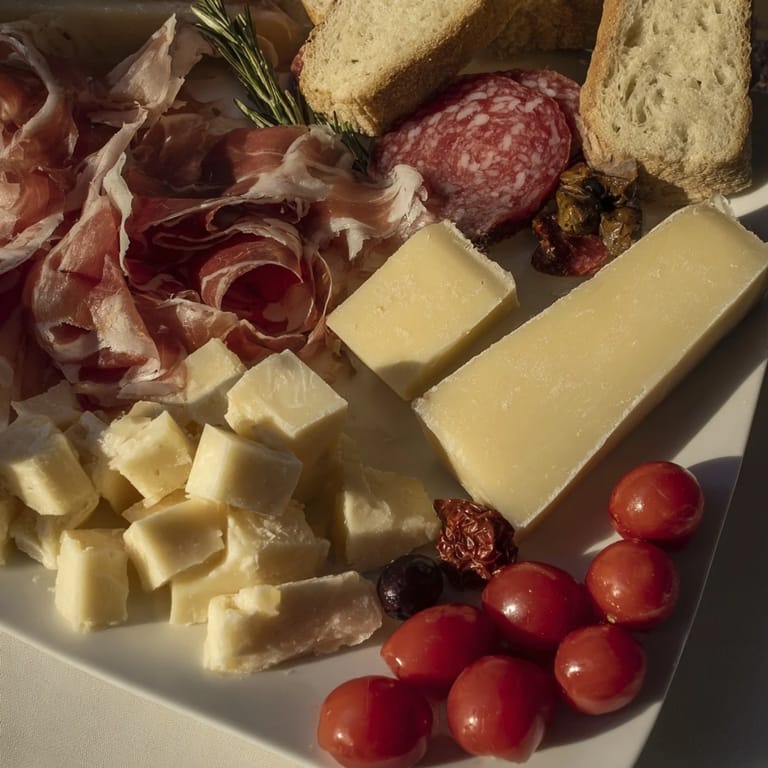 A close-up of a Rustic Italian Farmhouse Board with glistening prosciutto and fresh rosemary sprigs.