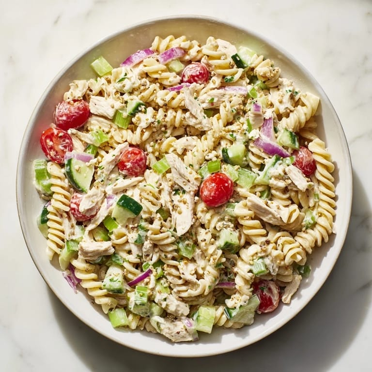 This Everything Bagel Chicken Pasta Salad features tender chicken and pasta coated in a vibrant, zesty dressing.