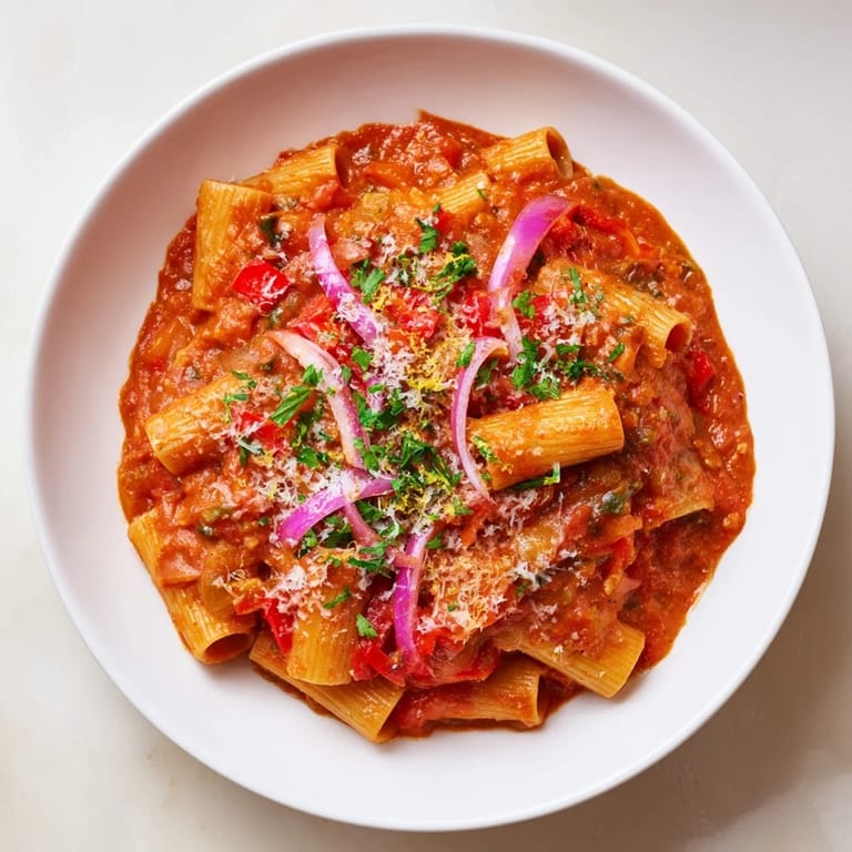 Vibrant photo shows the finished one-pot Diavola Spicy Pasta, with visible red pepper flakes and pasta shapes.