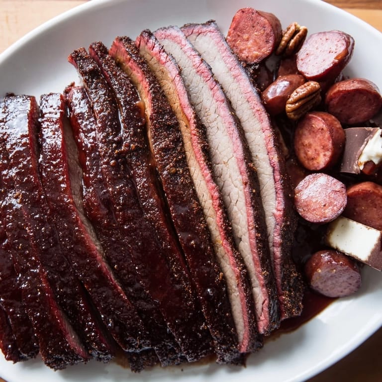 This decadent Smoky BBQ & Bourbon Companion features sliced meats, creamy cheeses, and dark chocolate for a treat.